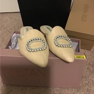 Deltan Tan Pearl Embellished Mules